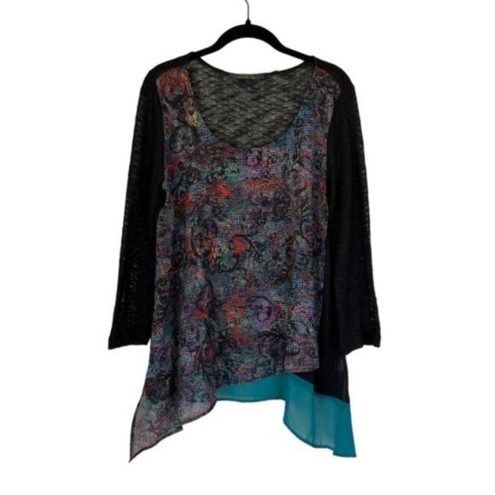 Poeme by Citron Chiffon Front Asymmetric Hem Long Sleeve Watercolor Print Top